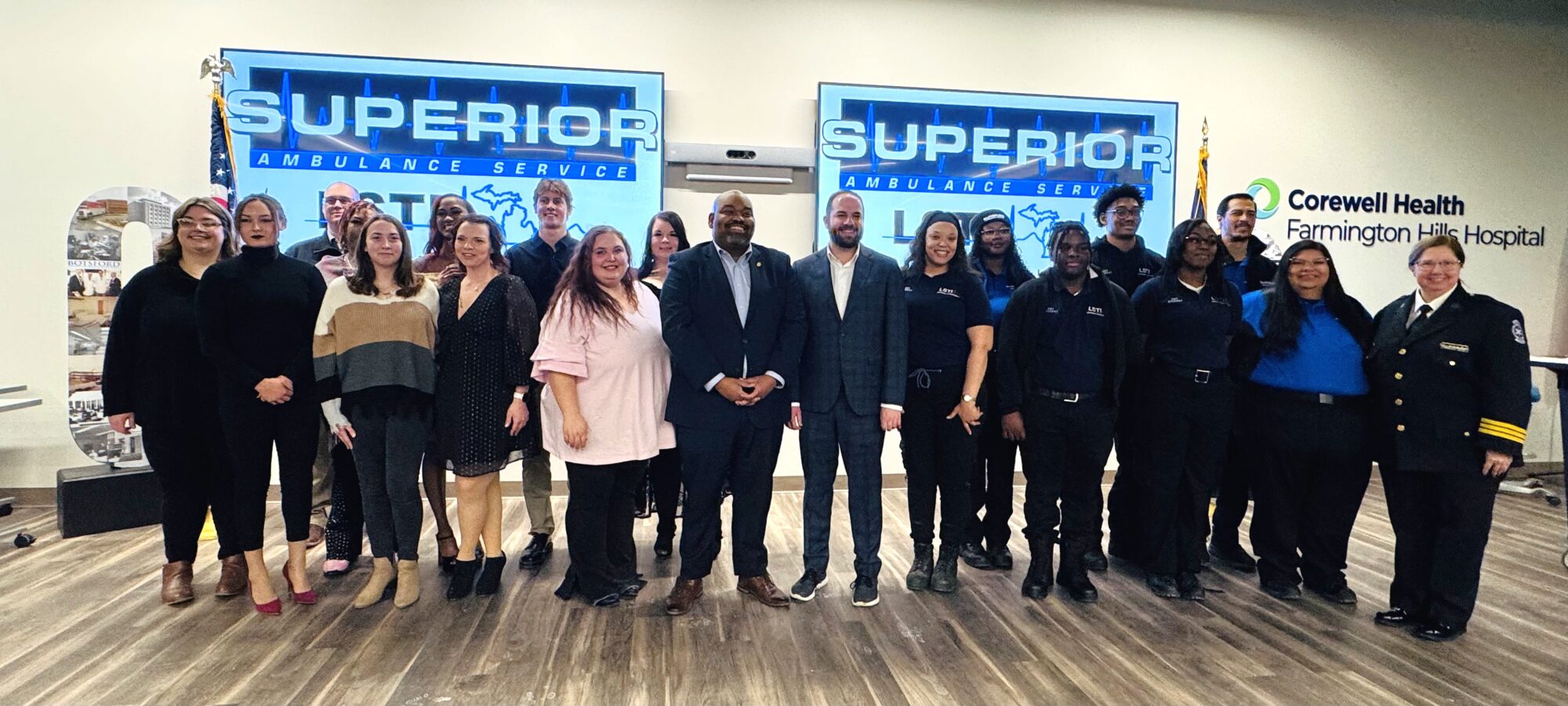 LSTI Graduation January 2026 EMT graduates stand with LSTI and Superior Ambulance of Michigan leadership, and elected officials